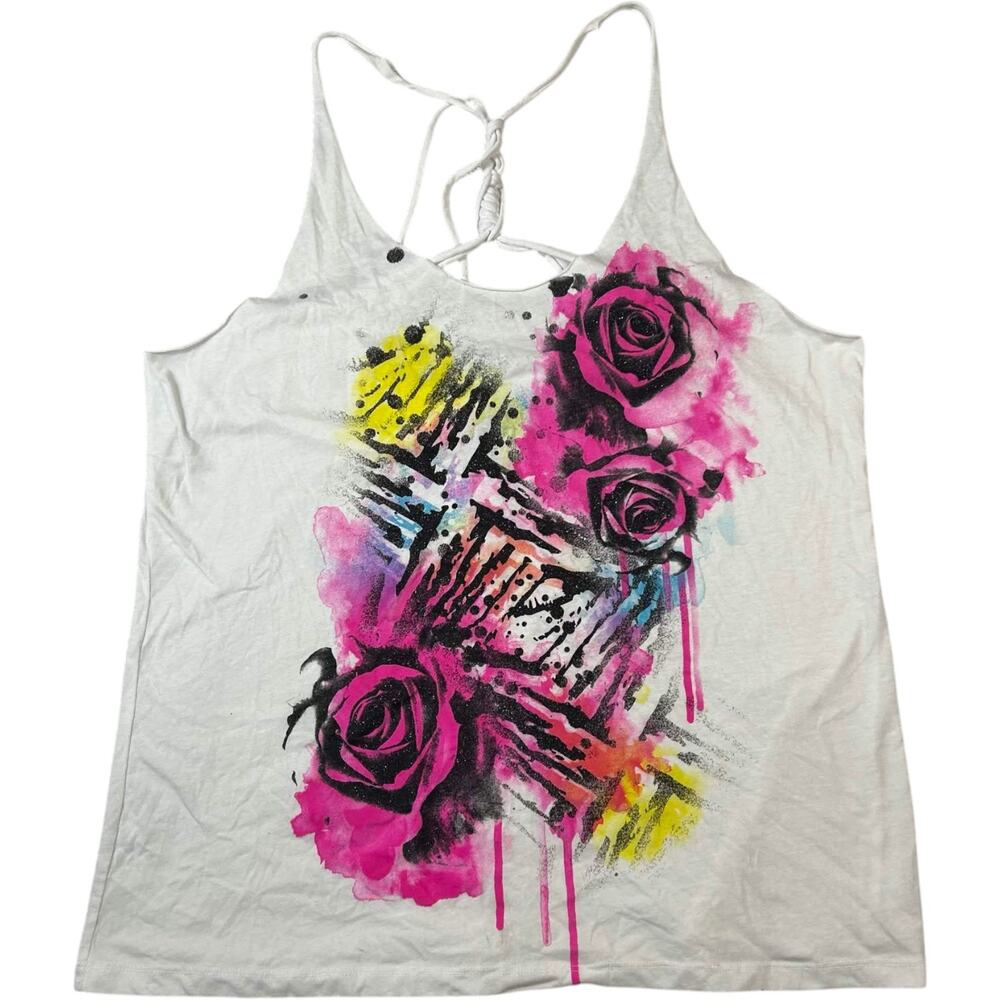 Y2K Hybrid Apparel White Tank Rose Racerback Women's XL Skater Indie Sleaze